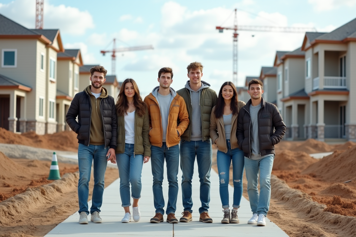 Jeunes adultes devant un nouveau lotissement en construction
