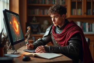 Joueur de Dofus en armure cramoisie consultant une fiche de stratégie pour choisir entre Dofus pourpre et Dofus émeraude