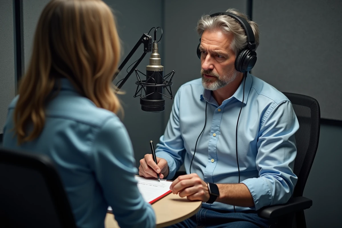 Journaliste web indépendant français enregistrant un épisode de podcast dans un studio d'enregistrement professionnel