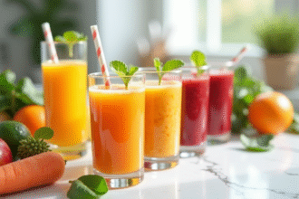Assortiment de jus de fruits et légumes frais sur un plan de travail