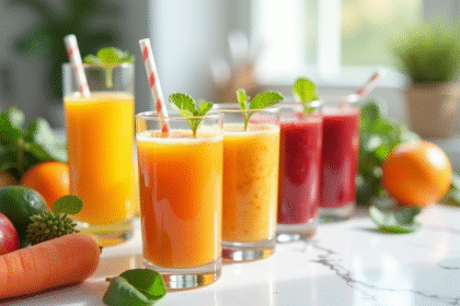 Assortiment de jus de fruits et légumes frais sur un plan de travail