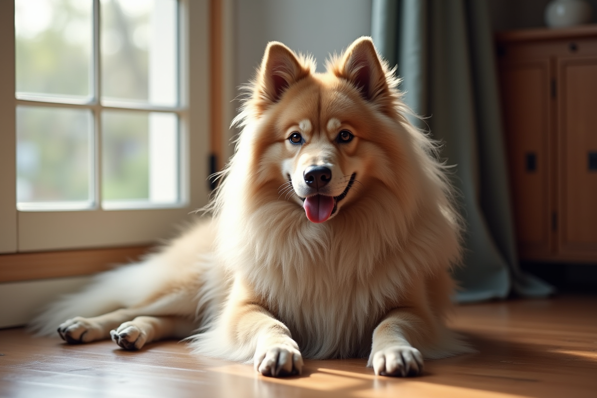 Portrait de Keeshond en intérieur près d