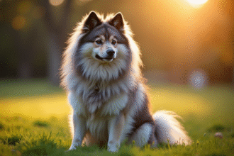 Keeshond assis dans un parc en fin d'après-midi