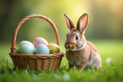 Lapin brun assis dans l'herbe avec œufs de Pâques colorés