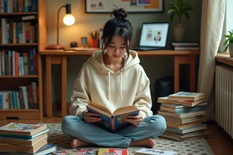 Jeune femme lisant un manga assis sur le sol entouré de volumes de bandes dessinées japonaises et coréennes