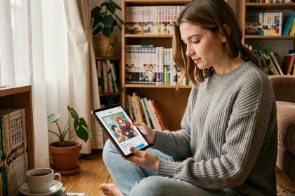 Jeune femme lisant des manhwa BL sur une tablette numérique entourée de mangas dans un appartement cosy