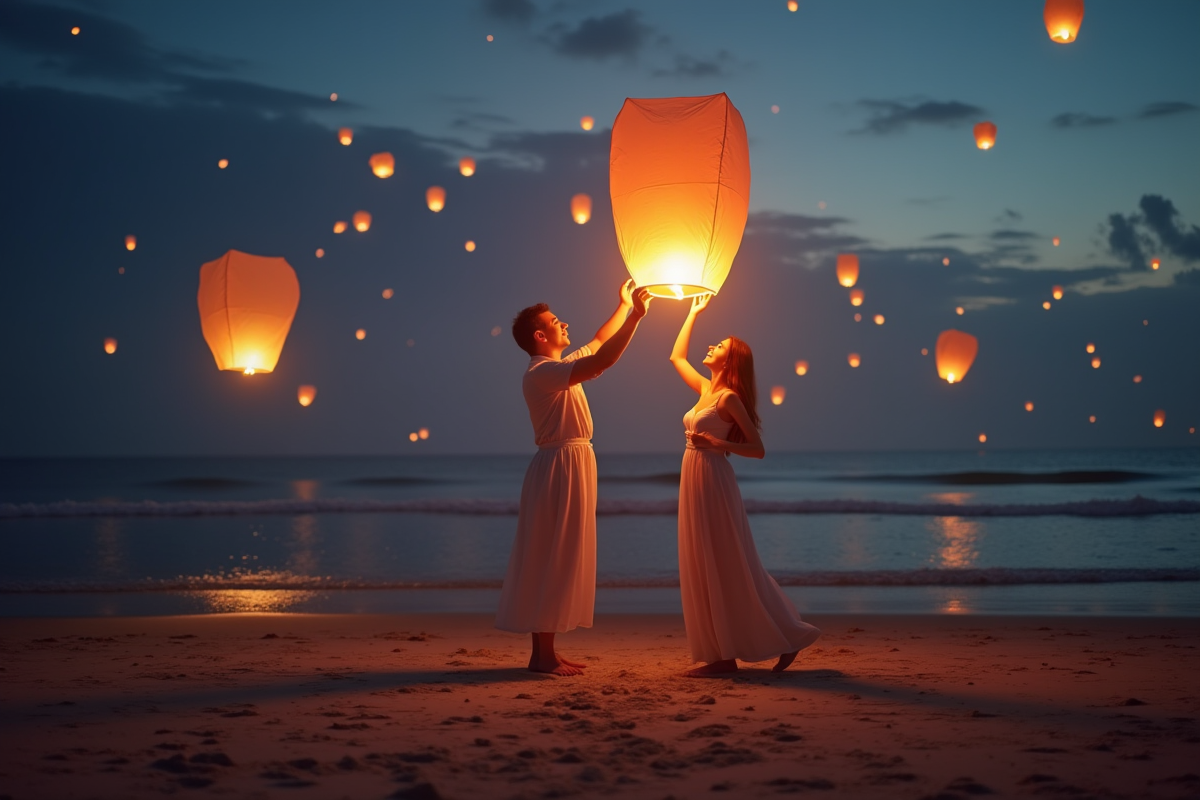 Couple lançant des lanternes dans le ciel au coucher du soleil