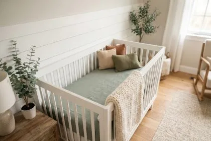 Lit de bébé en bois blanc avec parure en lin vert sauge et couverture tricotée dans un coin de chambre naturelle et apaisante