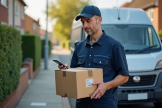 Livreur en uniforme scannant un colis devant une camionnette
