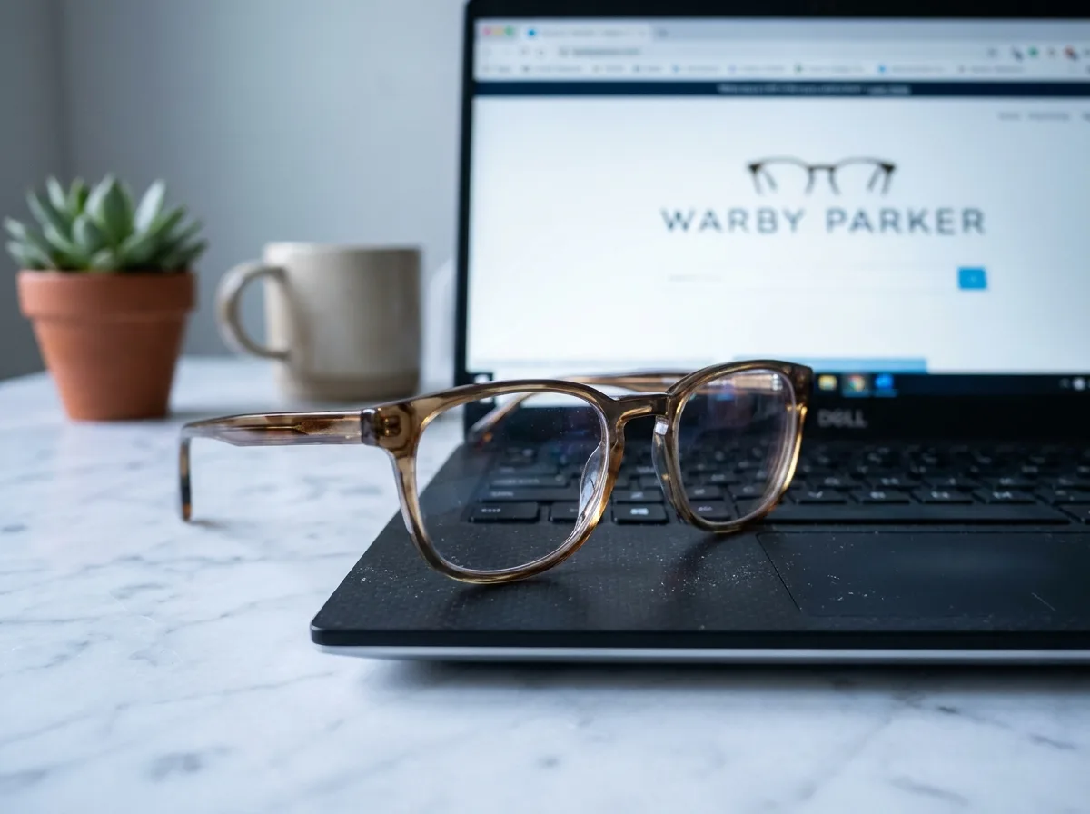 Lunettes en acétate posées sur un clavier d'ordinateur portable avec un site de vente de lunettes en arrière-plan flou