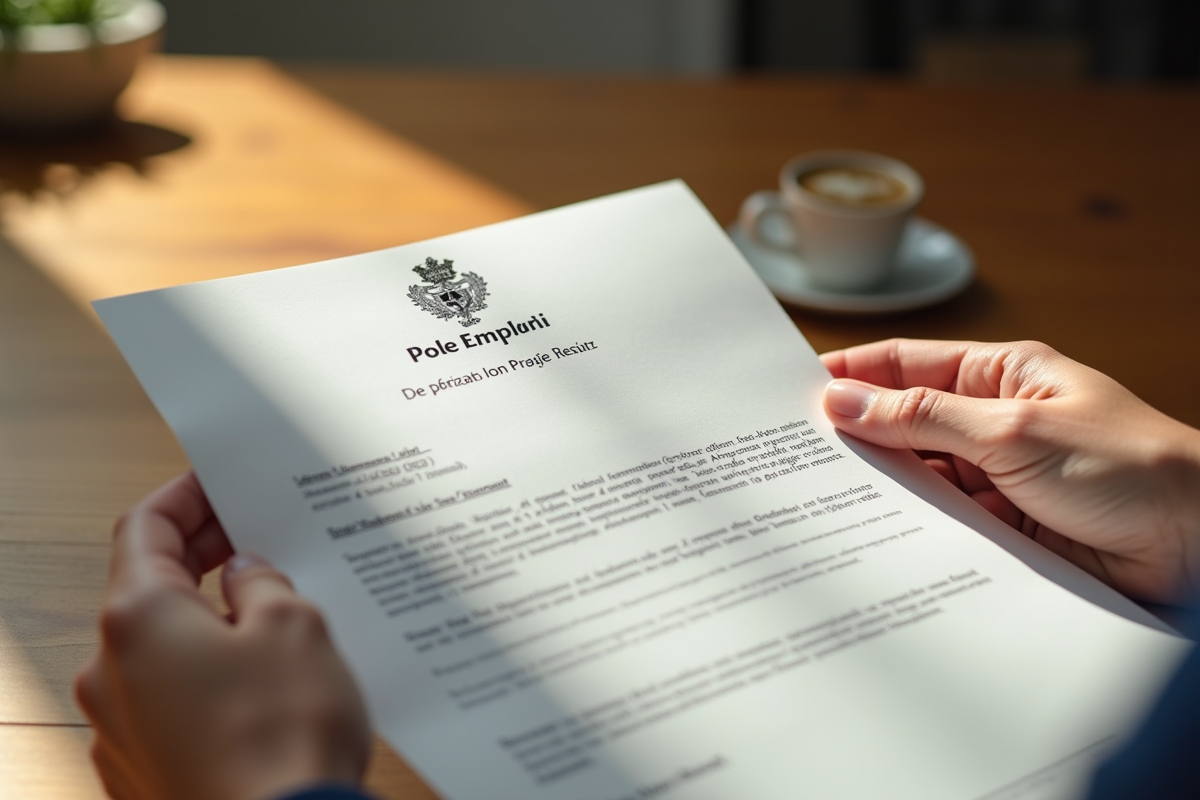 Mains tenant une lettre officielle de Pôle Emploi sur une table