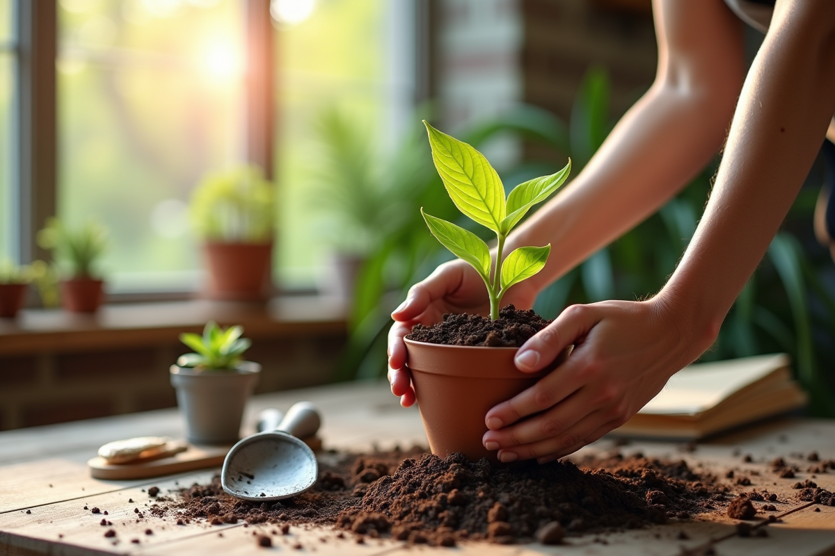 Mains plantant une plante en forme de S dans un pot en céramique avec outils de jardinage