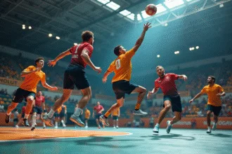 Jeu de handball en action avec joueurs en saut