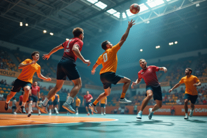 Jeu de handball en action avec joueurs en saut
