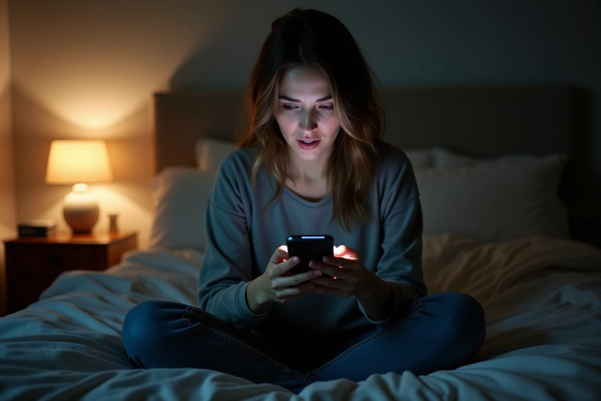 Femme fixant intensément son smartphone au lit, cherchant des signes d'intérêt dans chaque notification, illustrant l'interprétation des micro-signaux numériques