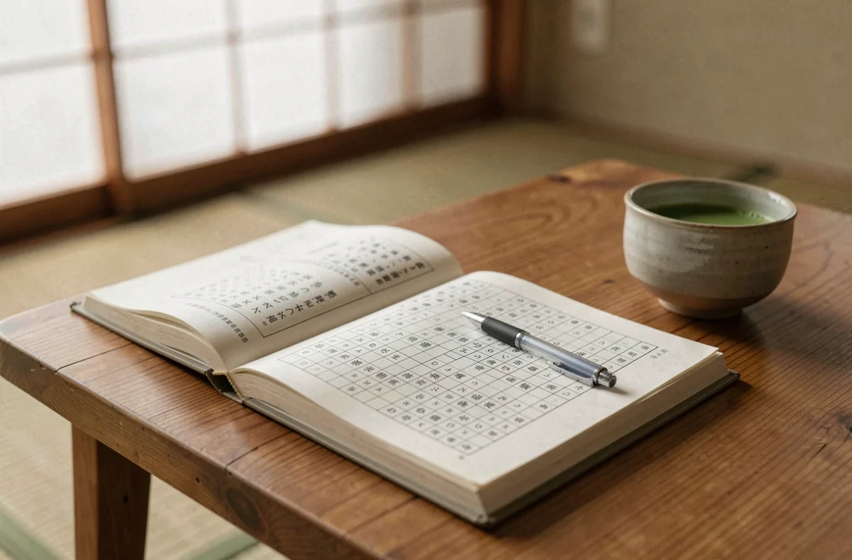 Livre de mots croisés japonais ouvert sur une table avec une grille inachevée et un stylo, évoquant la recherche de villes japonaises en 3 lettres