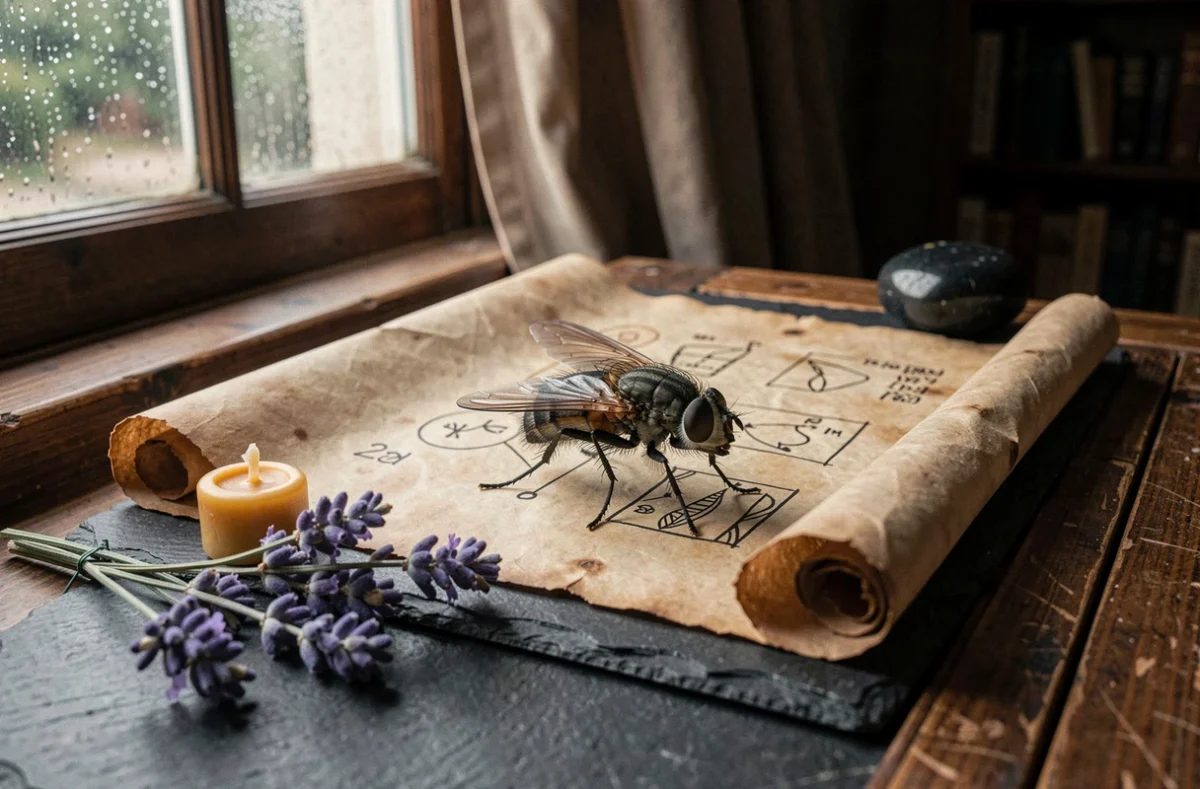 Gros plan macro d'une mouche posée sur un parchemin ancien avec symboles spirituels, entourée de pierre d'obsidienne et de lavande séchée