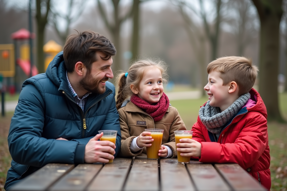 Père et enfants discutant dans un parc en hiver