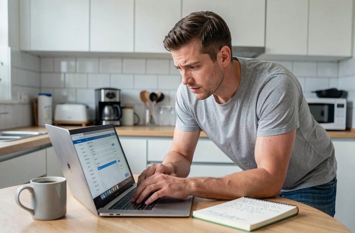 Homme consultant les paramètres d'un jeu vidéo sur un ordinateur portable posé sur une table de cuisine avec des notes manuscrites