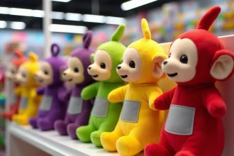 Peluches Télétubbies colorées alignées sur une étagère de magasin de jouets représentant Tinky Winky, Dipsy, Laa-Laa et Po
