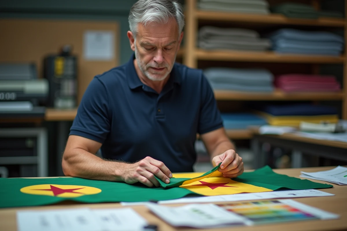 Chef d'entreprise examinant des échantillons de tissu pour un drapeau jaune et vert avec étoile rouge dans un atelier de personnalisation