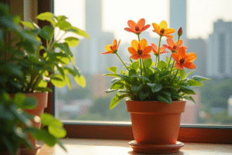 Plante florale en forme de S dans un pot en terre cuite sur un balcon ensoleille