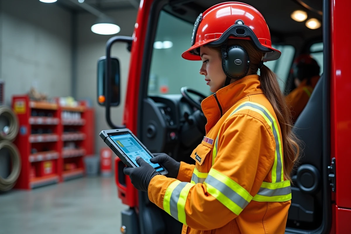 Pompière en tenue d'intervention consultant une tablette numérique fixée dans un camion de pompiers lors d'un départ en intervention