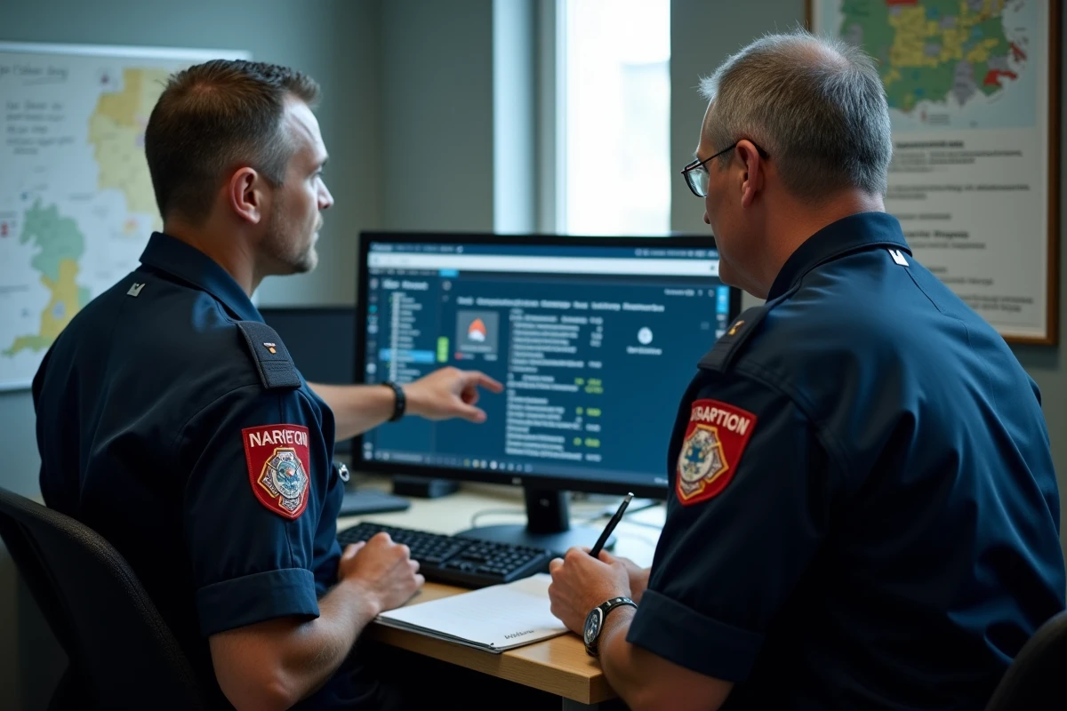 Deux sapeurs-pompiers analysant le logiciel de départ en intervention Iris SDIS 02 sur un ordinateur en salle de briefing