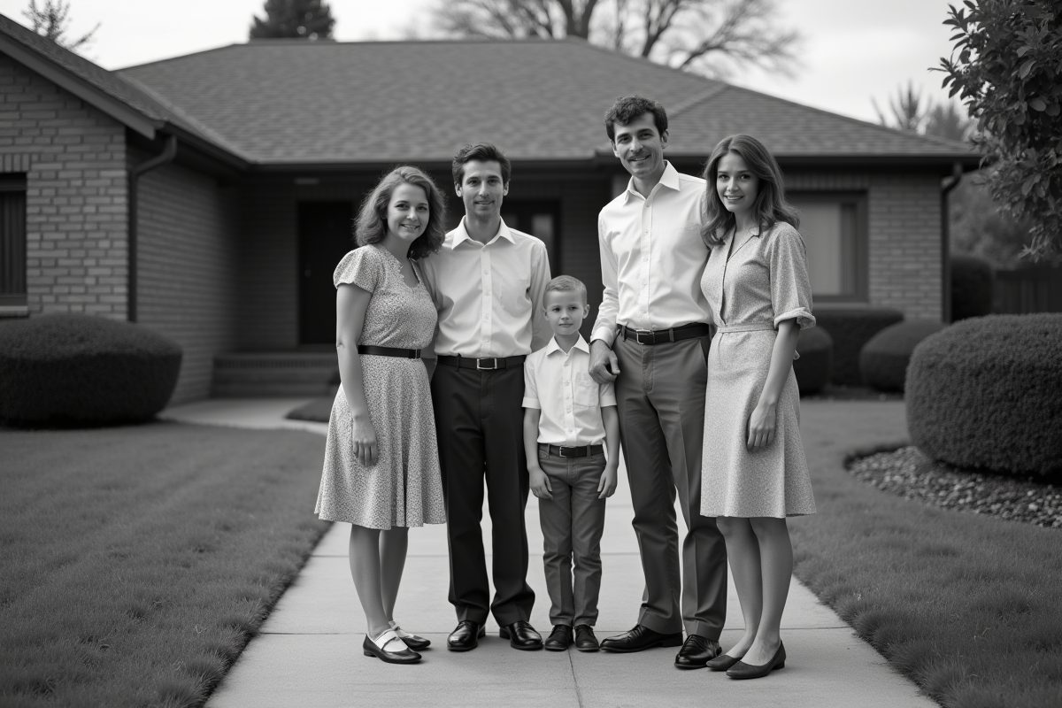 Portrait de famille en noir et blanc des années 70