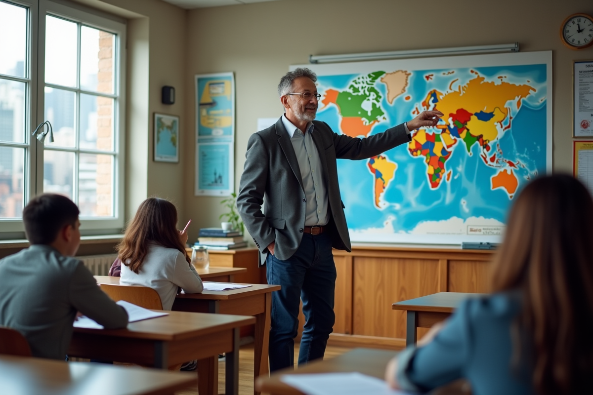 Professeur montrant une carte du monde en classe