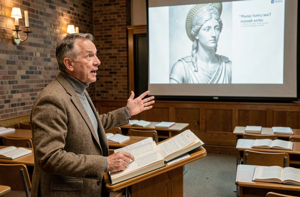 Professeur d'université donnant un cours passionné sur la déesse Athéna et les héros grecs devant une projection dans un amphithéâtre universitaire classique