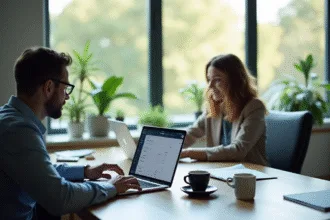 Deux professionnels au bureau vérifiant leurs emails