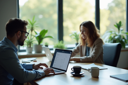 Deux professionnels au bureau vérifiant leurs emails