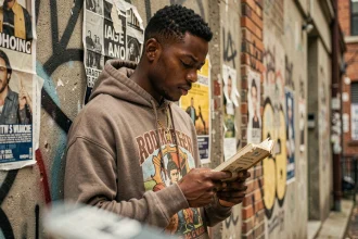 Jeune rappeur étudiant des paroles dans un carnet dans une ruelle urbaine avec graffitis
