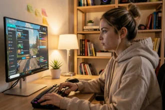 Jeune femme concentrée sur les réglages d'un jeu vidéo sur son ordinateur dans un bureau à domicile confortable
