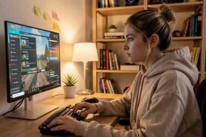 Jeune femme concentrée sur les réglages d'un jeu vidéo sur son ordinateur dans un bureau à domicile confortable