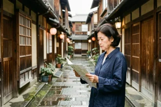 Femme consultant une carte dans une ruelle japonaise traditionnelle aux maisons en bois, illustrant la recherche d'une ville japonaise en 3 lettres