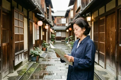 Femme consultant une carte dans une ruelle japonaise traditionnelle aux maisons en bois, illustrant la recherche d'une ville japonaise en 3 lettres