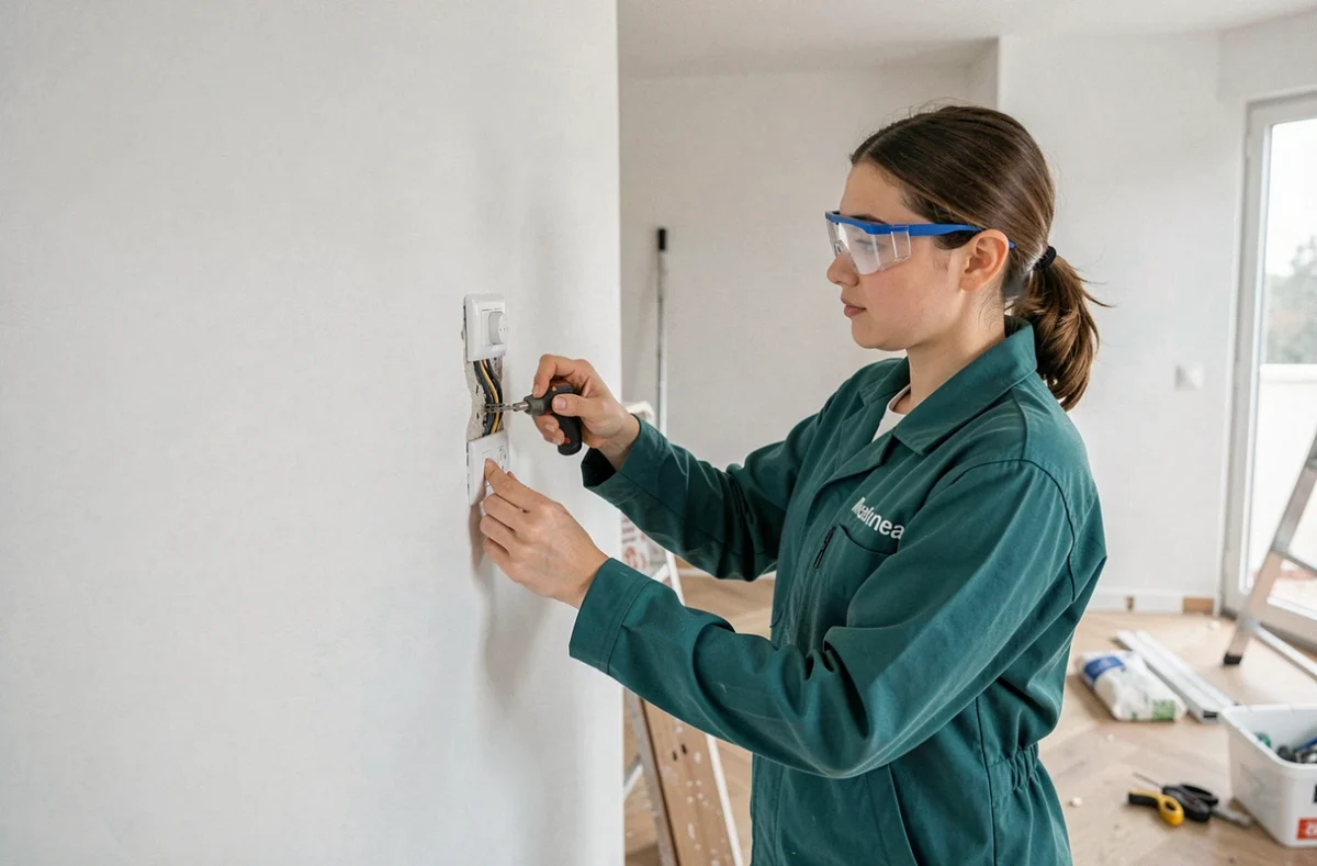 Électricienne de Sainté'lec installant une prise électrique dans un appartement rénové à Saint-Étienne