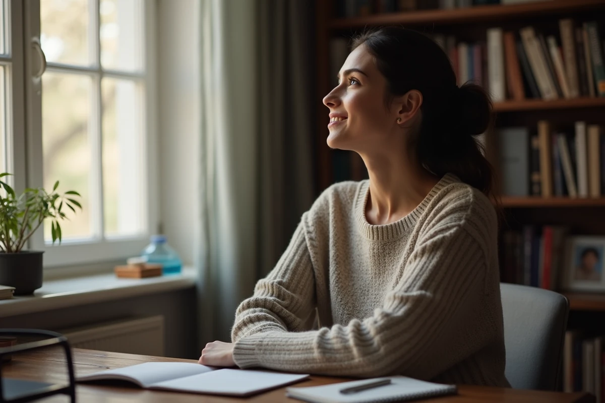 Femme rêveuse regardant par la fenêtre avec un journal fermé devant elle, illustrant l'entretien d'un scénario romantique imaginaire au lieu d'accepter la réalité