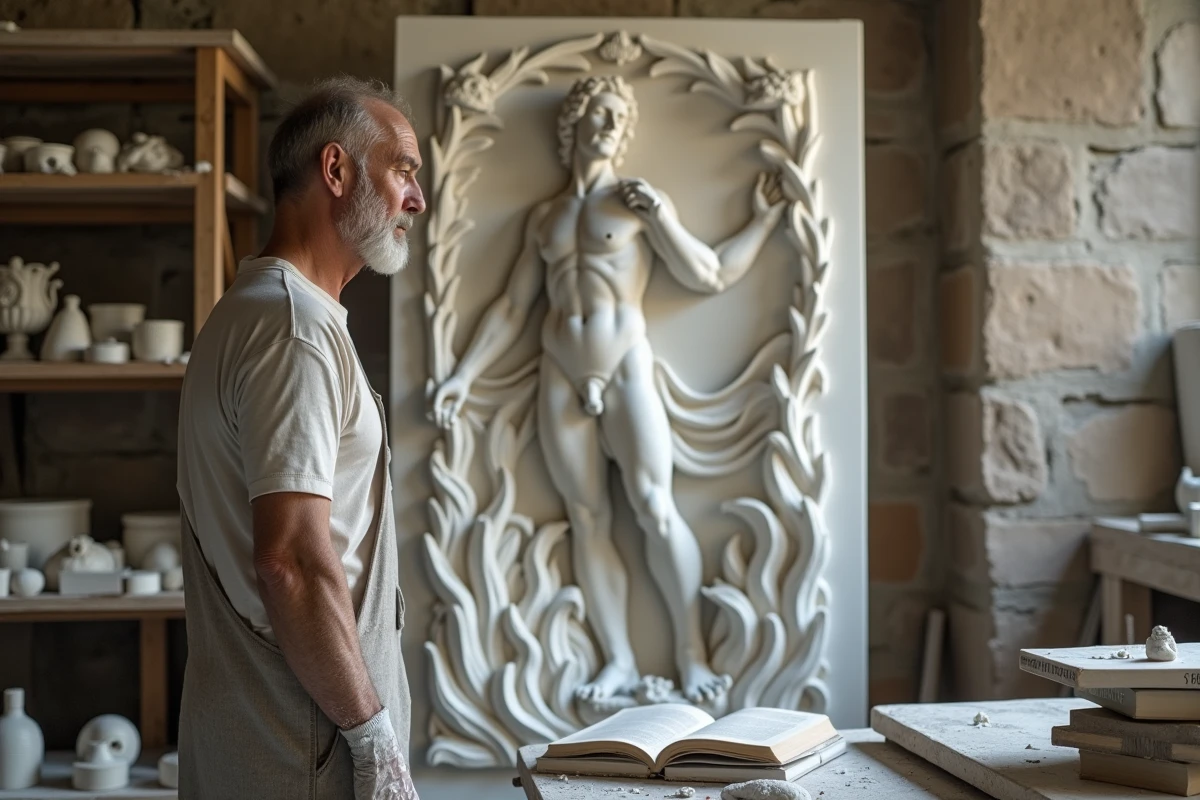Sculpteur travaillant sur un relief en plâtre représentant Héphaïstos, dieu grec du feu et de la forge, dans un atelier d'artiste