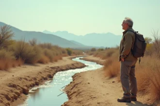 Homme regardant un lit de rivière asséché dans un paysage de sécheresse