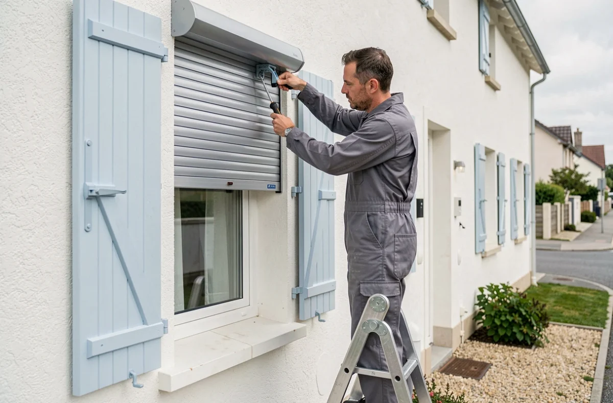 Technicien de Service Clés Papin réparant un volet roulant sur la façade d'une maison résidentielle