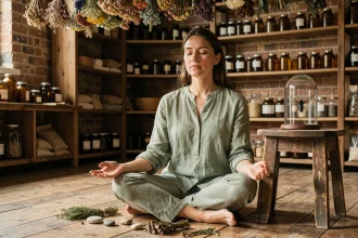 Femme méditant entourée d'objets rituels naturels dont une mouche préservée sous cloche en verre, dans une pièce de style apothicaire rustique