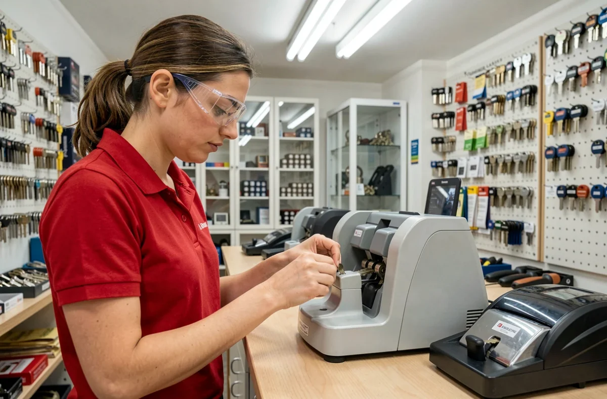 Technicienne utilisant une machine de reproduction de clés et badges chez SARL SOSCLES Clé Minute