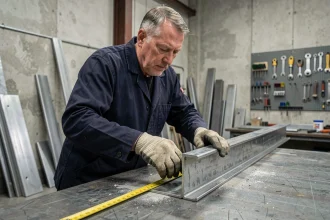 Soudeur positionnant un profilé en U en acier sur un établi dans un atelier de fabrication métallique
