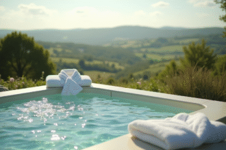 Spa extérieur luxueux en Normandie avec vue sur la campagne