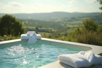 Spa extérieur luxueux en Normandie avec vue sur la campagne