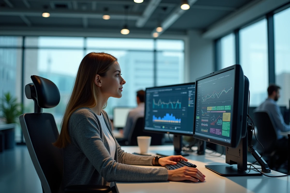 Femme spécialiste informatique concentrée à son poste de travail