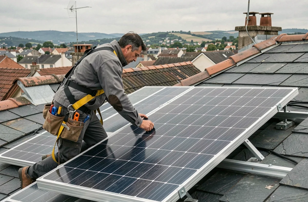 Installateur de Spv Pv 2 posant des panneaux photovoltaïques sur un toit résidentiel à Saint-Étienne